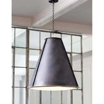 French Maid chandelier shown hanging in a room with a black metal frame and window panes in background
