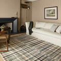Humphrey Forest rug in a beige-toned room under a minimalist sofa with plaid throw pillows