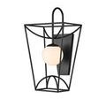 Side angle view emphasizing black metal framing and hooked top detail of Rochefort sconce