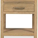 Front view showing self-closing drawer and brushed metal handle on Driftwood nightstand