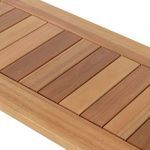 Close-up focused on the wooden seat slats showing varied warm wood shades and grain