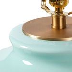 Aksel Lamp glazed ceramic table lamp in pacific teal with white drum shade and brass accents