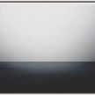 Minimalist painting with dark brooding sea meeting a pale overcast sky at a sharp horizon line.