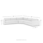 Angled front view of sectional showing continuous clean lines in light grey upholstery