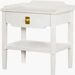 White Doheny End Table with a raised edge MDF top, single drawer with brass knob, and lower shelf supported by tapered legs