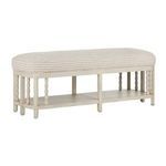 Norene Demetria Bench with beige striped upholstered foam cushion and carved round wooden legs featuring lower wood shelf