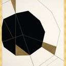 Geometric Bliss painting with a central black polygon surrounded by white space and gold triangular accents in a bamboo frame
