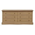 Clarence 6 Drawer Dresser with curved front, six drawers, solid oak, and brass knob hardware in light wood finish