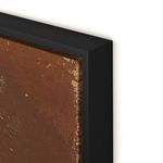 Close-up of textured corner edge of In Shambles painting showing brown paint and black frame