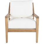 Front view of Savannah Natural Teak Lounge chair showcasing white cushions and wooden frame
