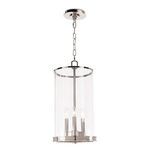 Adria Polished Nickel steel pendant with cylindrical clear glass lantern and three candle-style bulbs on a metal chain