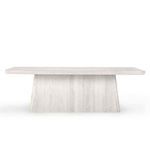Front view highlighting the rectangular tabletop and tapered pedestal base of the whitewash oak table