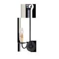 Saxon black wall sconce with slender arm, Zanzibar finish, single faux candle sleeve with faux wax drips and clear bulb