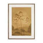 Rustic walnut framed painting featuring tall, blurred trees against a muted amber sky