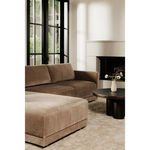 Side view of sofa and chaise with neutral patterned area rug and part of a fireplace