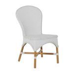 Savoy Side Chair with white handwoven N-Dura resin wicker and natural wood-tone aluminum base in French café style