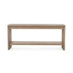 Console table viewed straight-on, highlighting the clean rectangular shape and open shelf space