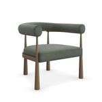 Front three-quarter view of Bali Curved Club Chair showing wide seat cushion and curved bolster arms wrapped in sage green...