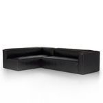 Right-arm facing two-piece black leather sectional with clean lines and contrast stitching