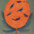 Modern painting titled Family Tree showing a large orange floral shape with six purple birds on a muted green background