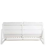 Back view of white aluminum loveseat with cushions showing horizontal rectangular back panels