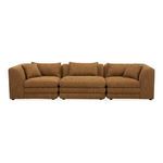 Lowtide Linear Modular Sectional in textured brown fabric with 1970s inspired layered cushions and multiple seat configura...