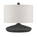 Mythmaker Table Lamp with a light grey fabric drum shade and black granite ribbed terracotta base, front view