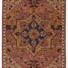 Traditional medallion rug in dusty pink, gold, brown, and deep blue with distressed Turkish motifs