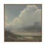 Realist oil painting on linen depicting a moody landscape with large billowing clouds over a calm river and grassy banks