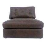 Espresso brown leather slipper chair with tufted backrest and thick cushioned seat in a modern traditional style
