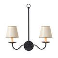 Front view of black two-arm chandelier fixture with cream tapered shades and decorative ring top