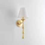 Front view of Vails Gate sconce with white tapered fabric lampshade and gold leaf finish