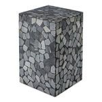 Angled view showing three sides of the marble and concrete outdoor side table highlighting irregular stone pattern