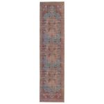 Traditional runner rug with distressed medallion pattern in dark red, blue, gold, orange, and gray hues