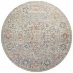 Round Rosemarie Oatmeal lavender rug featuring same ornate floral and ornamental pattern in neutral colors