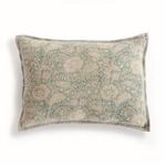 Rectangular Pascaline Pillow with a delicate green and beige floral block print and blue striped piped edge