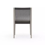 Rear view of Sherwood Grey chair displaying vertical black rope weave and teak frame
