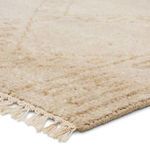 Close-up of rug corner showing soft wool pile texture and cream-colored fringe detail