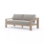 74-inch outdoor sofa with wirebrushed ash teak frame and gray textured UV-resistant cushions
