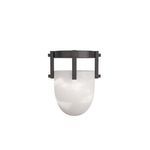 Straight-on view of flush mount showing alabaster dome with iron frame from slight left angle