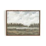 Framed landscape painting depicting a tranquil water body bordered by trees under a cloudy sky in muted natural tones