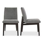Set of 2 Charlie dining chairs with padded gray fabric seats and backs, dark wood tapered legs, mid-century modern style