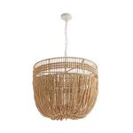 Alternate front angle of chandelier showing elegant empire silhouette and wood bead texture