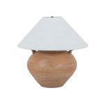 Civita Table Lamp with earth-toned terracotta vessel-shaped base and ivory linen shade topped with black iron ball finial