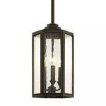 Hexagonal three-light outdoor pendant with textured clear glass panels and black metal frame