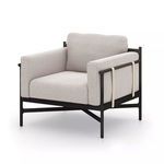 Hearst Outdoor Chair with dark bronze aluminum frame and light sand cushioned seating with ivory strapping on sides
