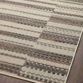 Close-up detail of Rainier Ivory Taupe rug showing neutral earth tone stripes and textured weave on dark floor.