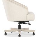 Side view highlighting fabric texture, wood trim detail, and tilt mechanism under seat
