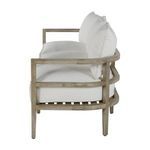 Side angle showing curved backrest and thick white cushions on Santa Barbara Teak Sofa