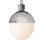 Close-up of Otis Pendant featuring polished nickel ribbed crown and smooth milk glass shade